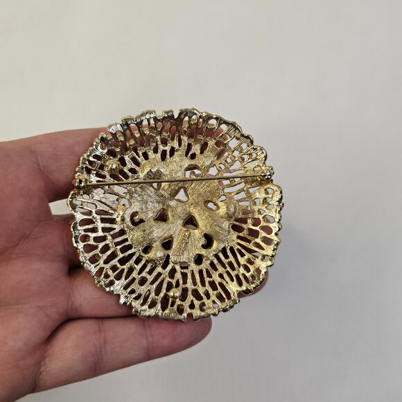 Sarah Coventry Domed Gold Tone Brooch Pink Cabochons Green Rhinestone Faux Pearl - Picture 6 of 7